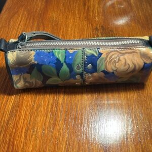 Patricia Nash Leather Blue Sky Rose Barrel Zip Cosmetic Bag